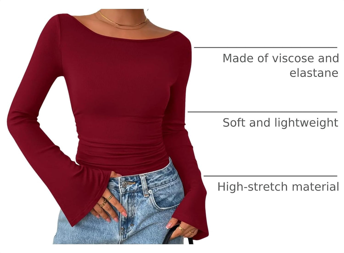 PRETTYGARDEN Womens Bell Long Sleeve Ribbed Knit Tops