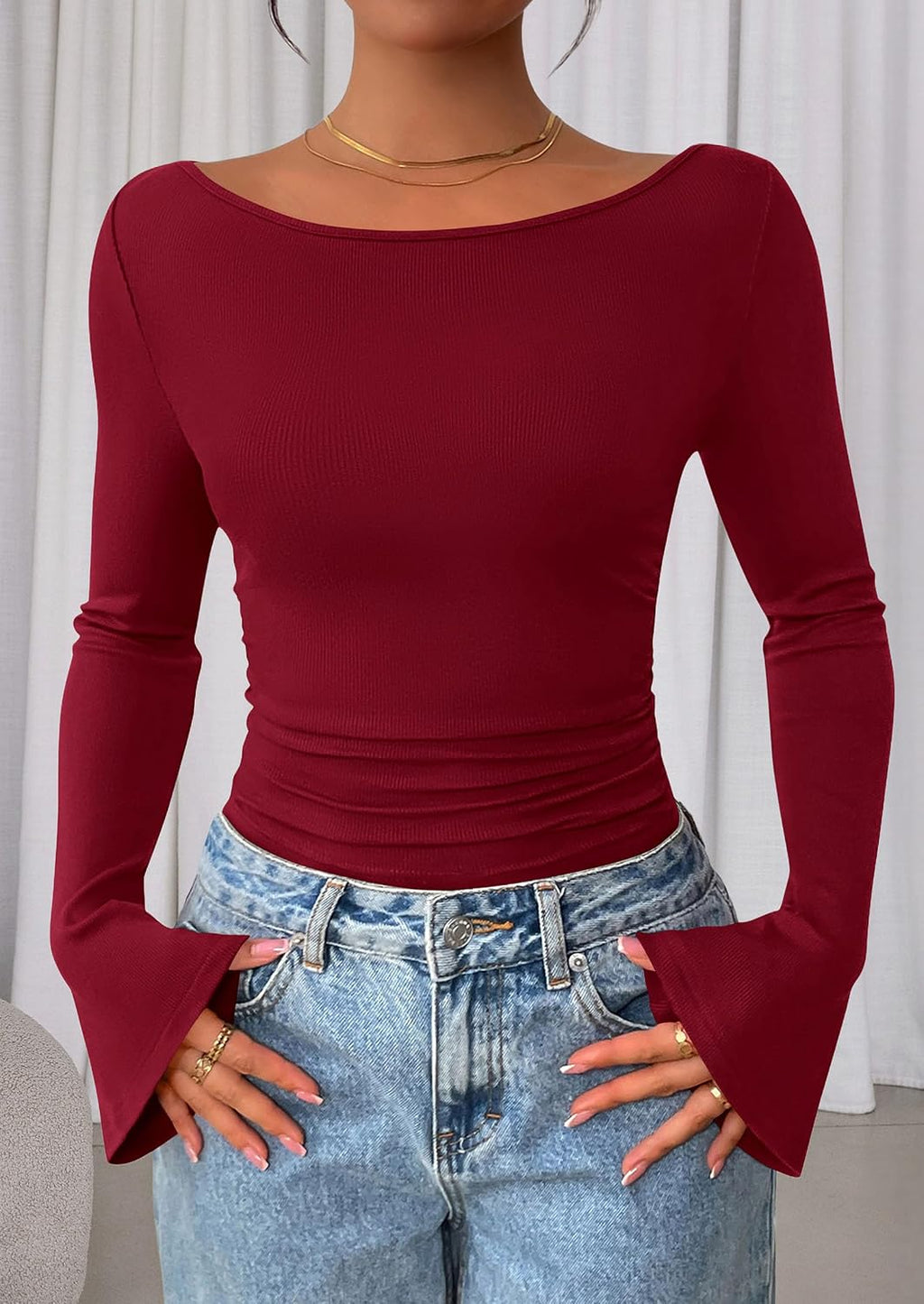 PRETTYGARDEN Womens Bell Long Sleeve Ribbed Knit Tops