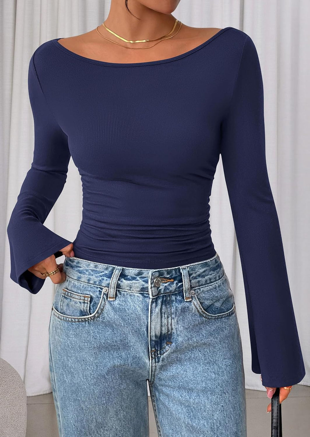 PRETTYGARDEN Womens Bell Long Sleeve Ribbed Knit Tops