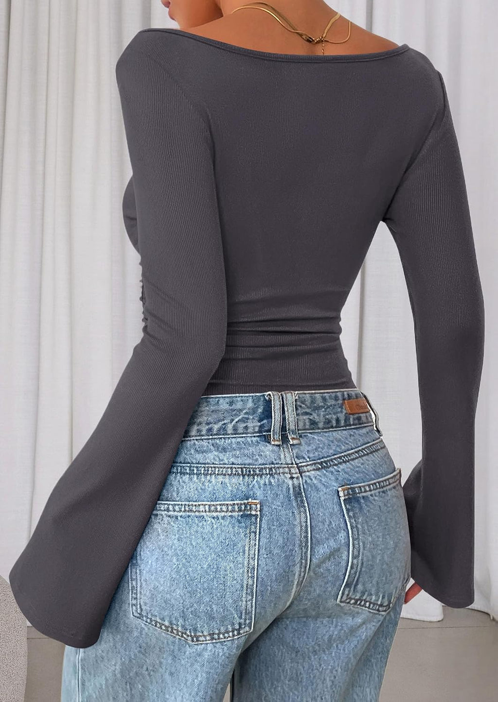 PRETTYGARDEN Womens Bell Long Sleeve Ribbed Knit Tops