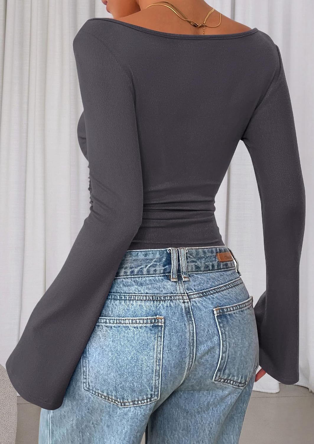 PRETTYGARDEN Womens Bell Long Sleeve Ribbed Knit Tops
