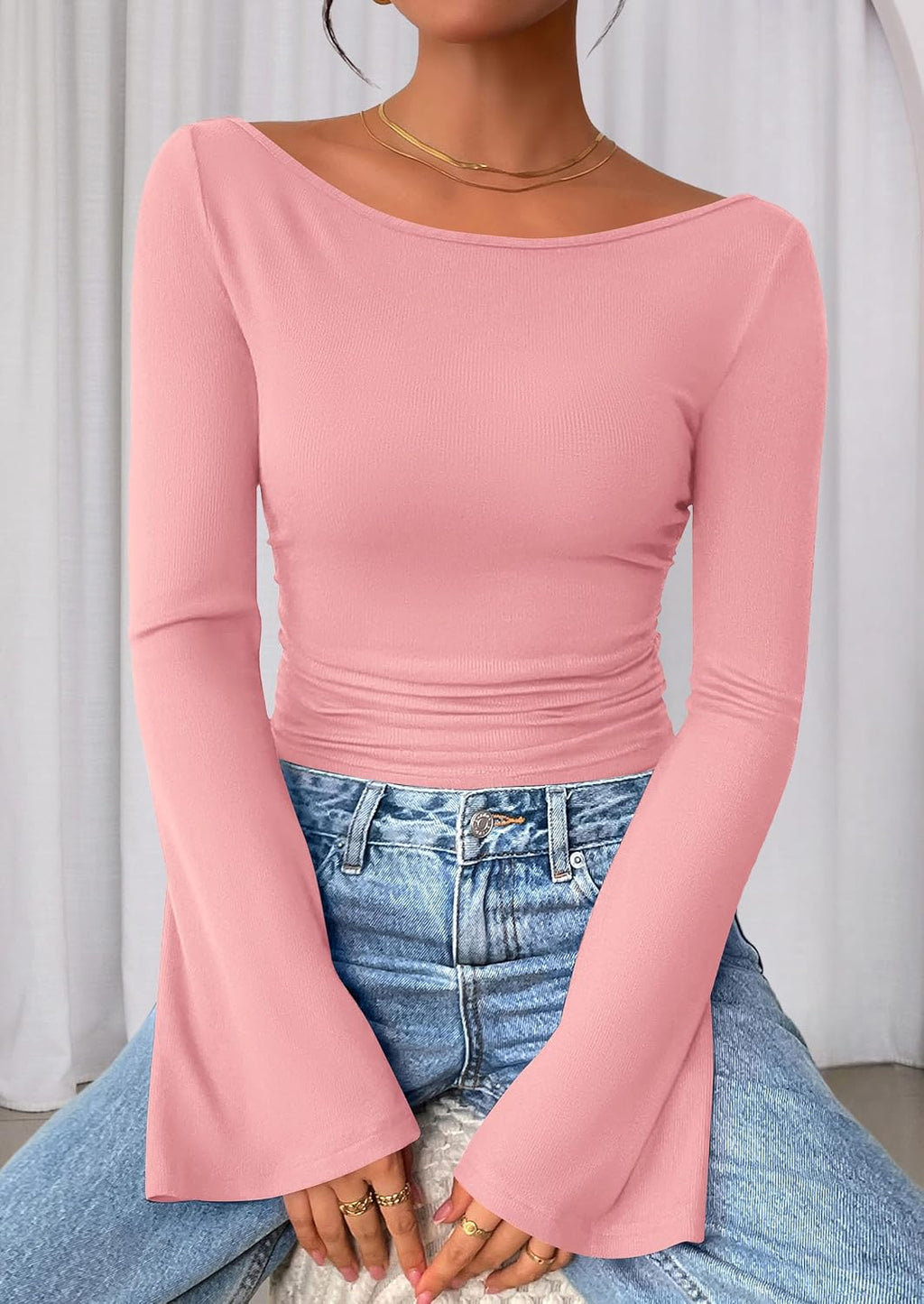 PRETTYGARDEN Womens Bell Long Sleeve Ribbed Knit Tops