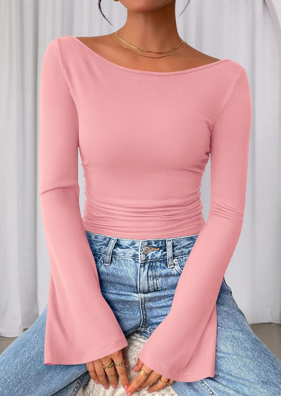 PRETTYGARDEN Womens Bell Long Sleeve Ribbed Knit Tops