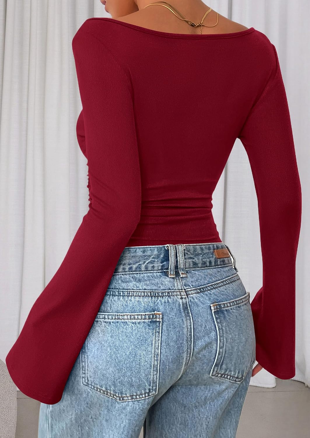 PRETTYGARDEN Womens Bell Long Sleeve Ribbed Knit Tops