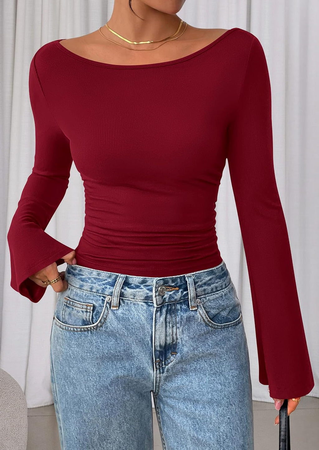 PRETTYGARDEN Womens Bell Long Sleeve Ribbed Knit Tops