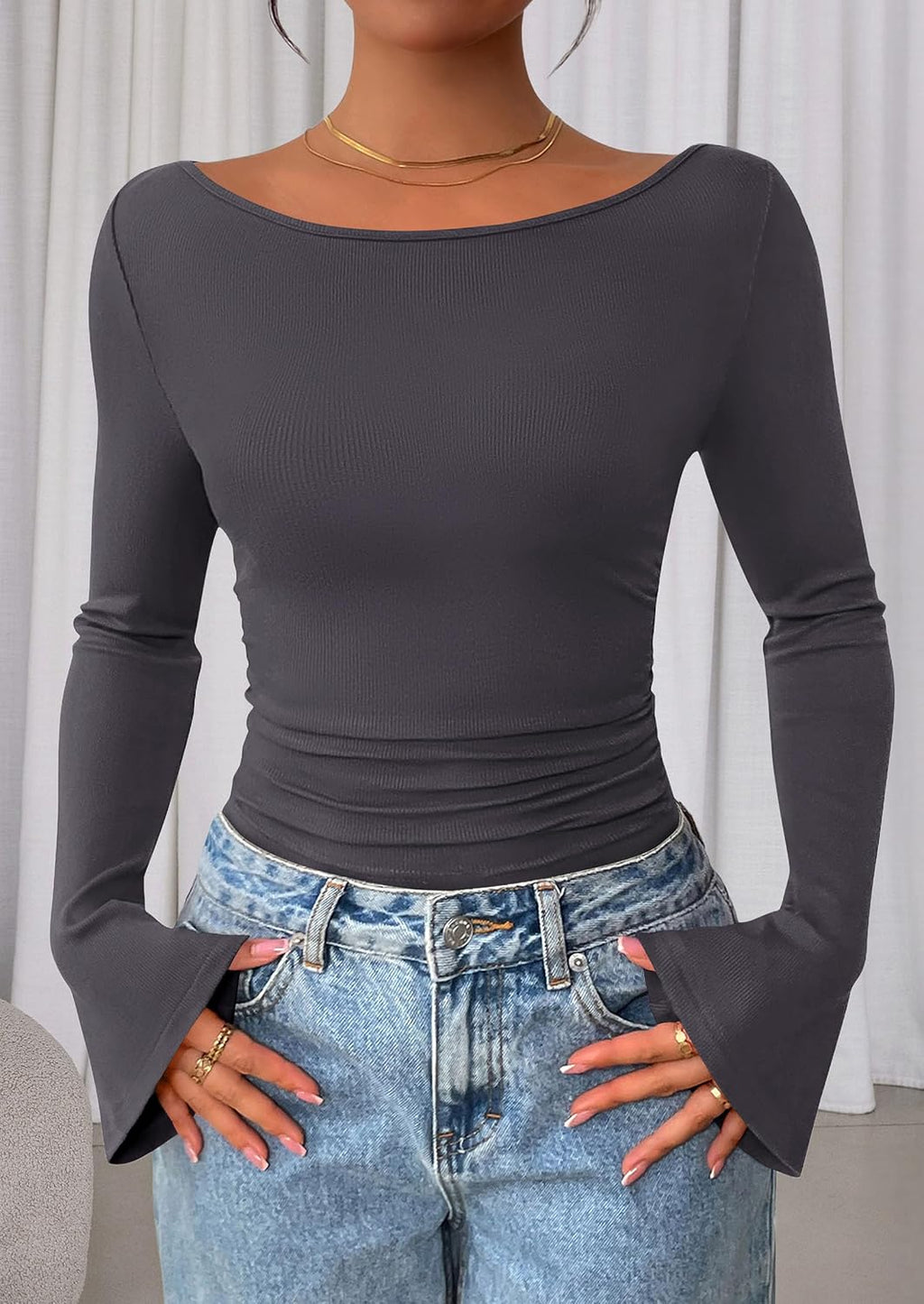 PRETTYGARDEN Womens Bell Long Sleeve Ribbed Knit Tops