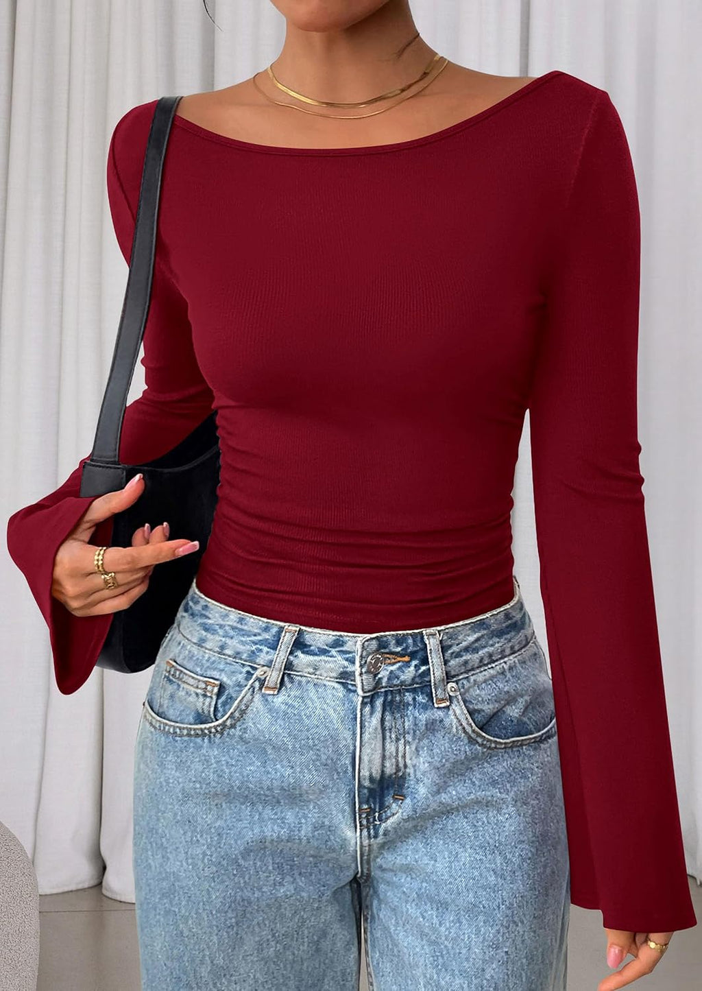 PRETTYGARDEN Womens Bell Long Sleeve Ribbed Knit Tops