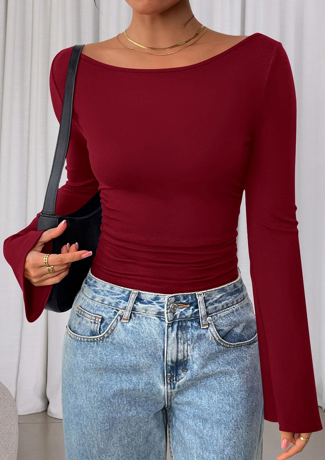 PRETTYGARDEN Womens Bell Long Sleeve Ribbed Knit Tops