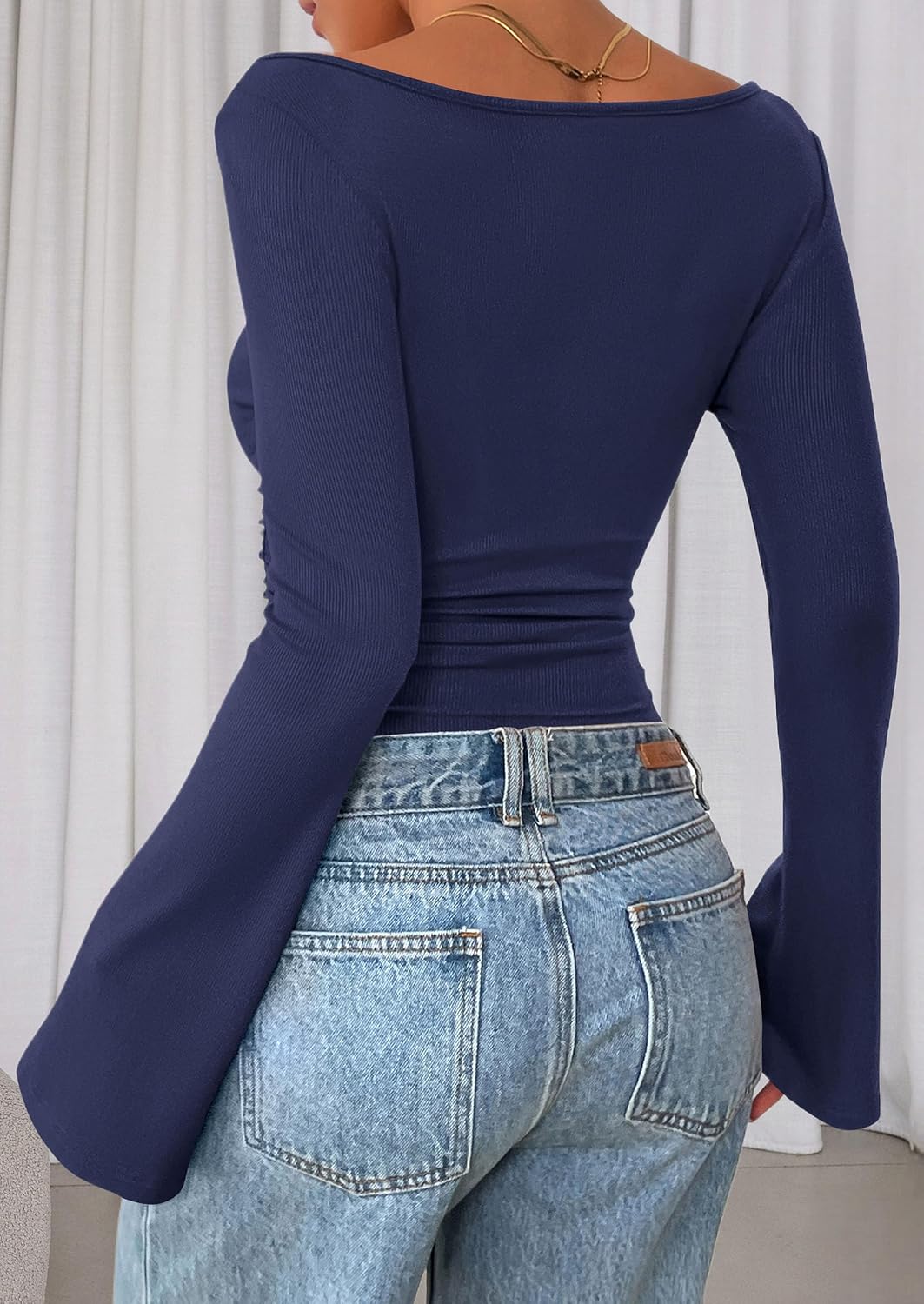 PRETTYGARDEN Womens Bell Long Sleeve Ribbed Knit Tops