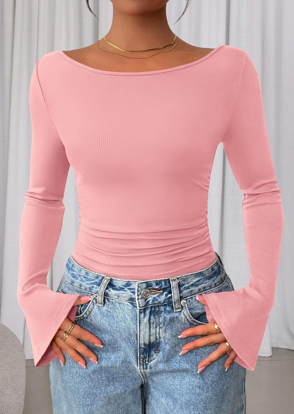PRETTYGARDEN Womens Bell Long Sleeve Ribbed Knit Tops