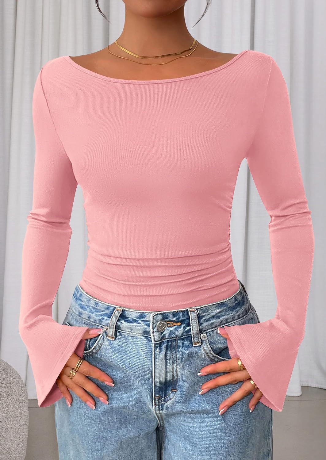 PRETTYGARDEN Womens Bell Long Sleeve Ribbed Knit Tops