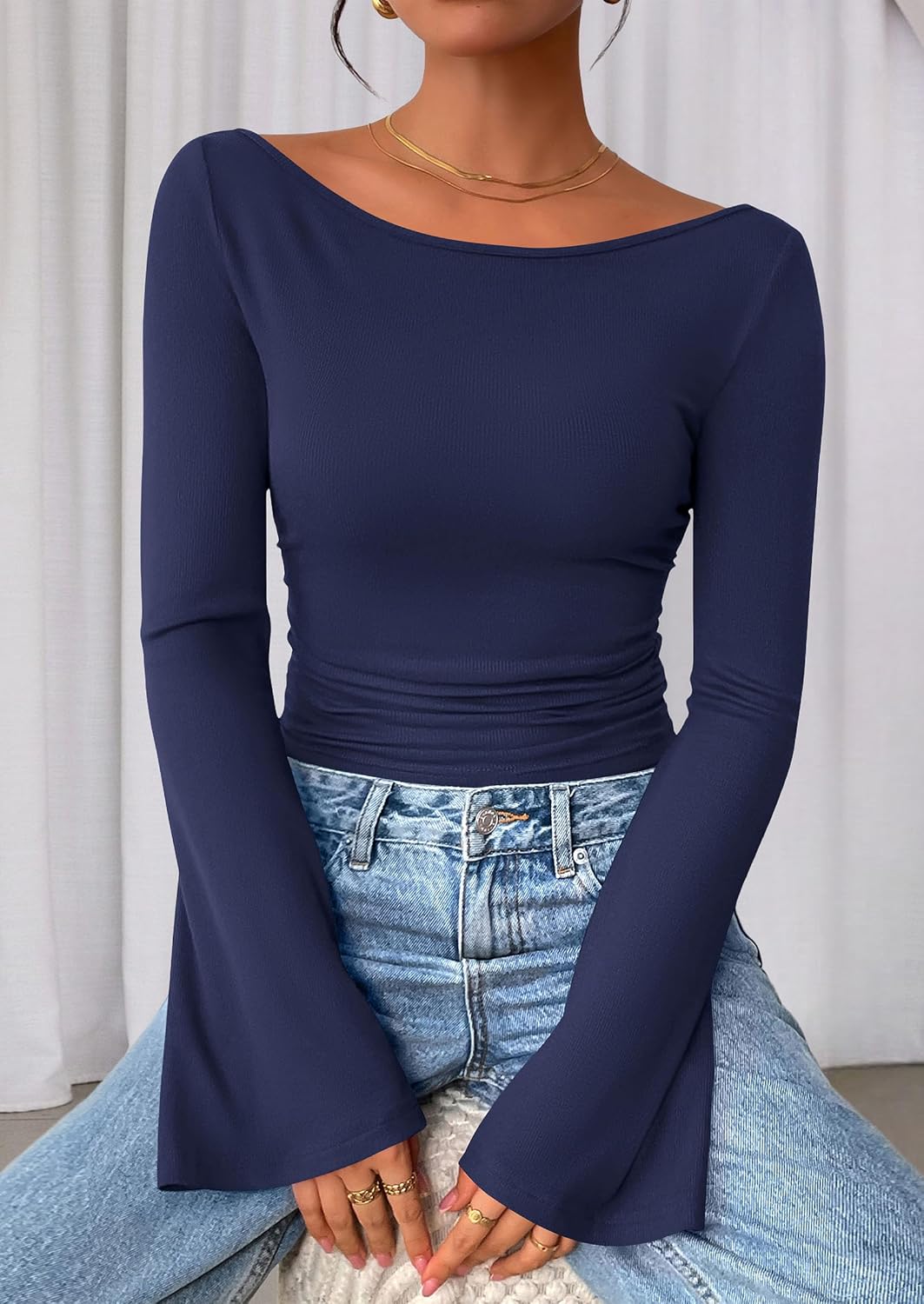 PRETTYGARDEN Womens Bell Long Sleeve Ribbed Knit Tops