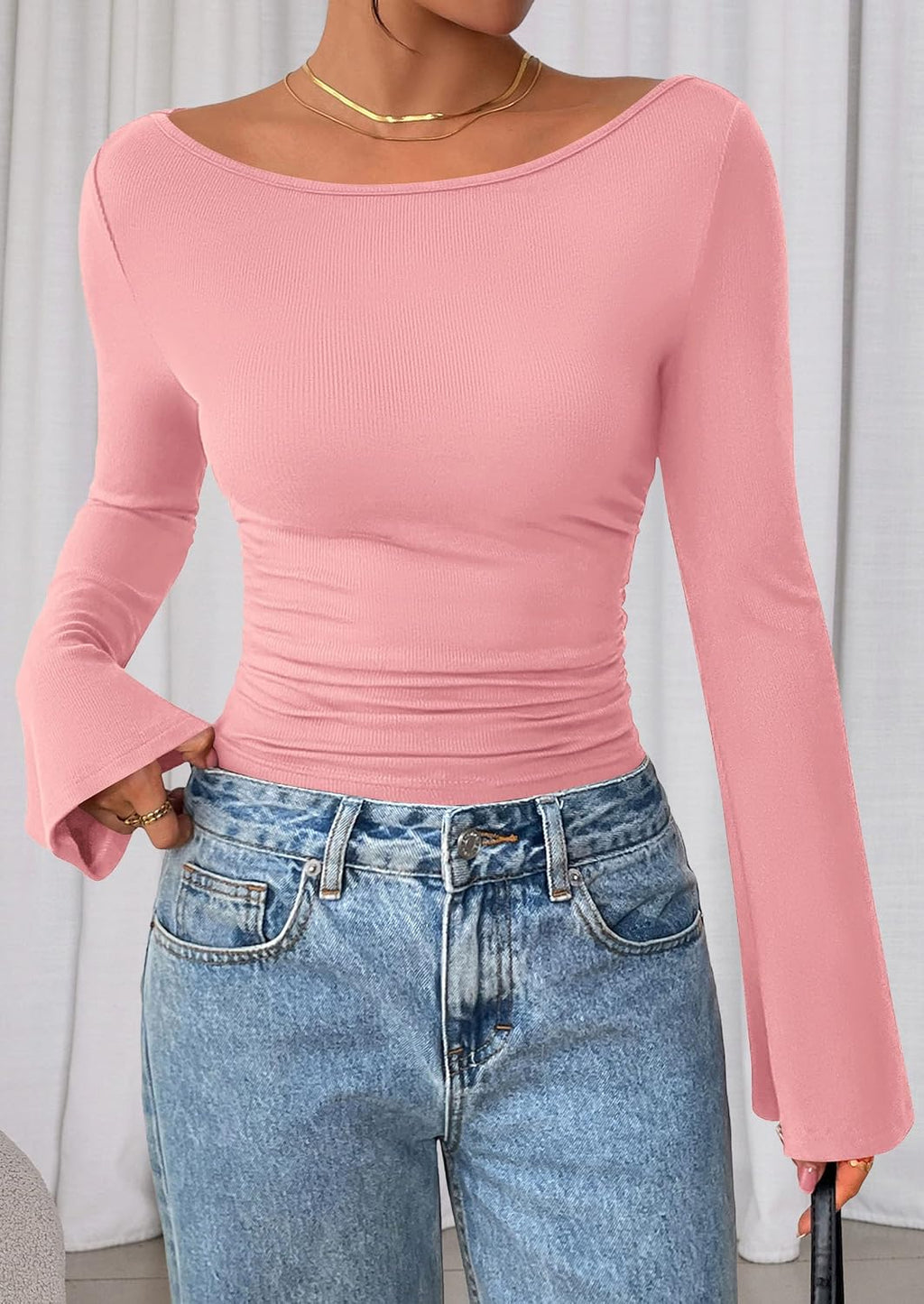 PRETTYGARDEN Womens Bell Long Sleeve Ribbed Knit Tops