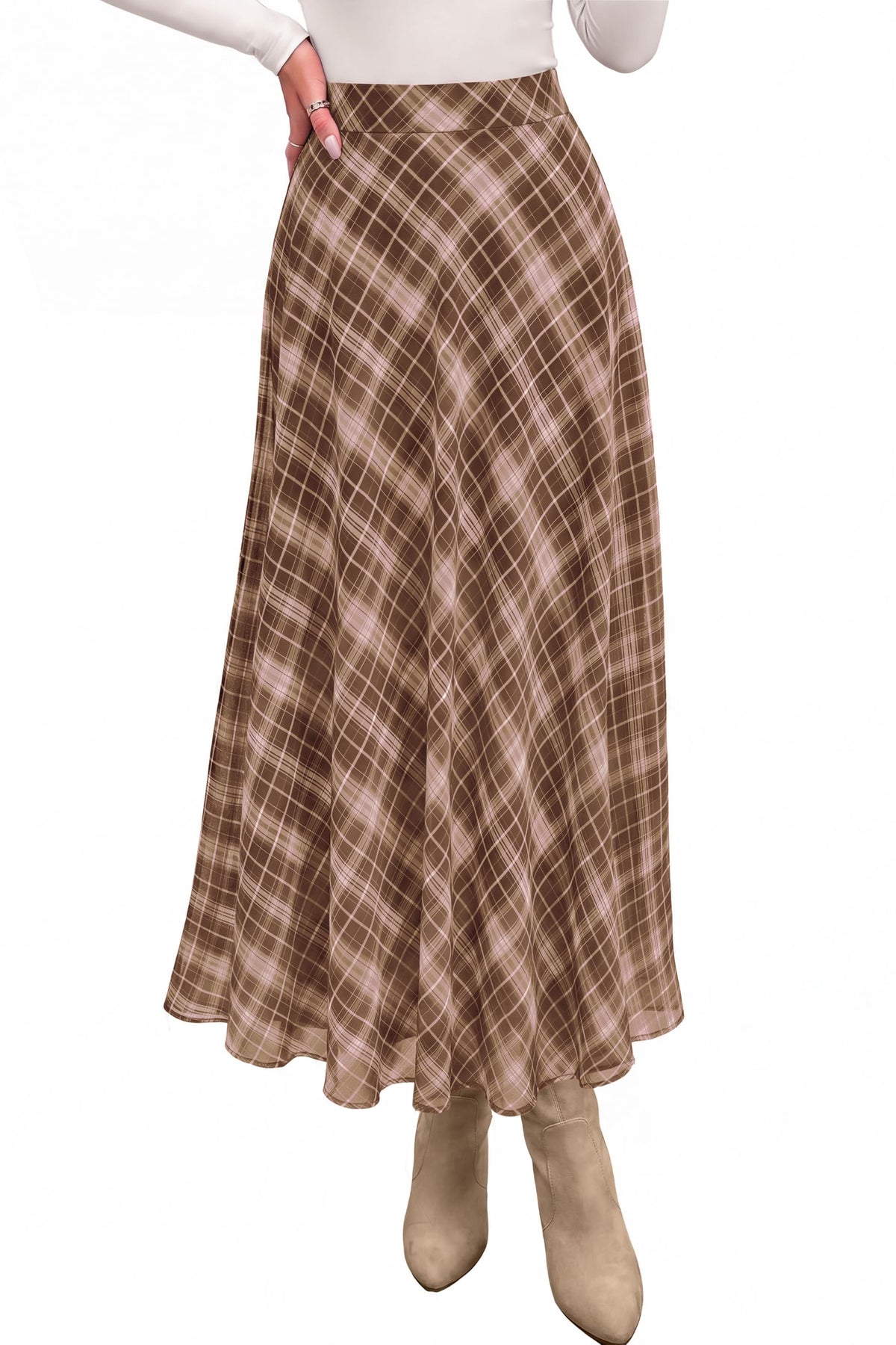 dowerme Casual A-Line Plaid Maxi Skirts for Women Trendy