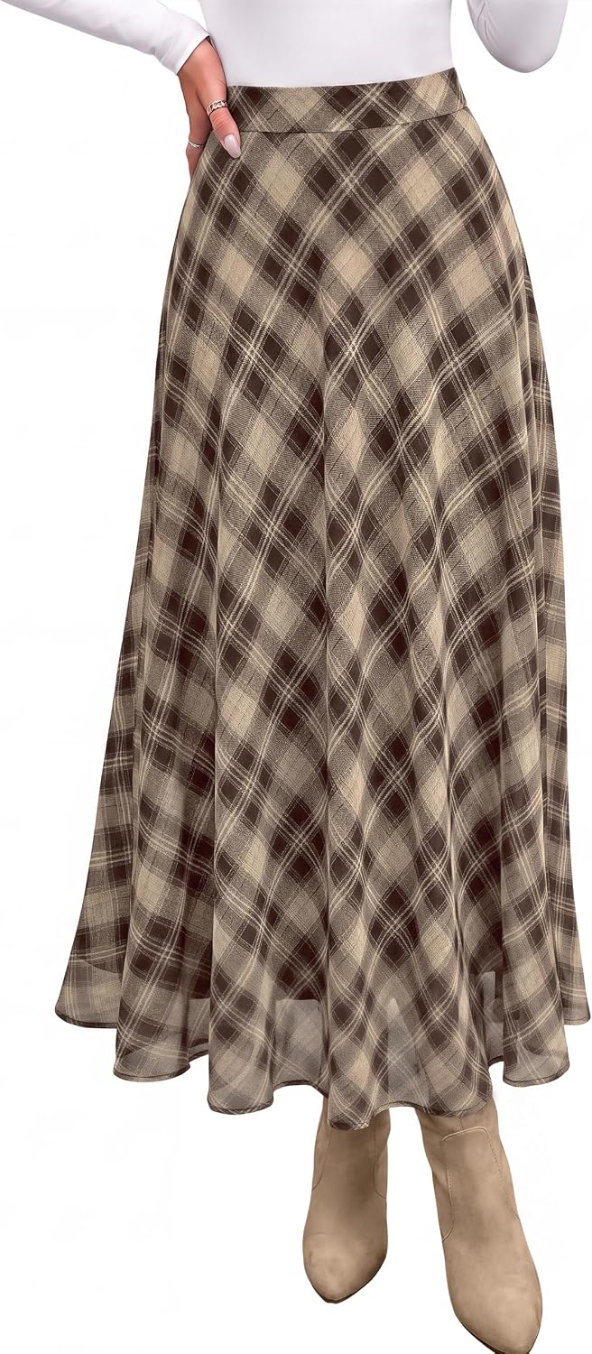 dowerme Casual A-Line Plaid Maxi Skirts for Women Trendy