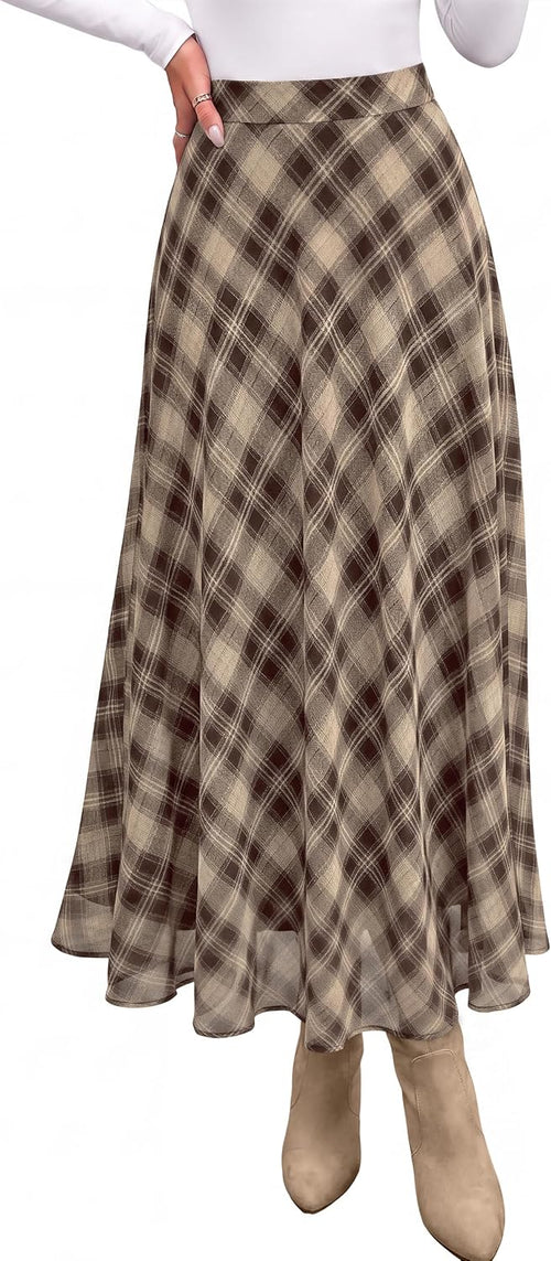dowerme Casual A-Line Plaid Maxi Skirts for Women Trendy