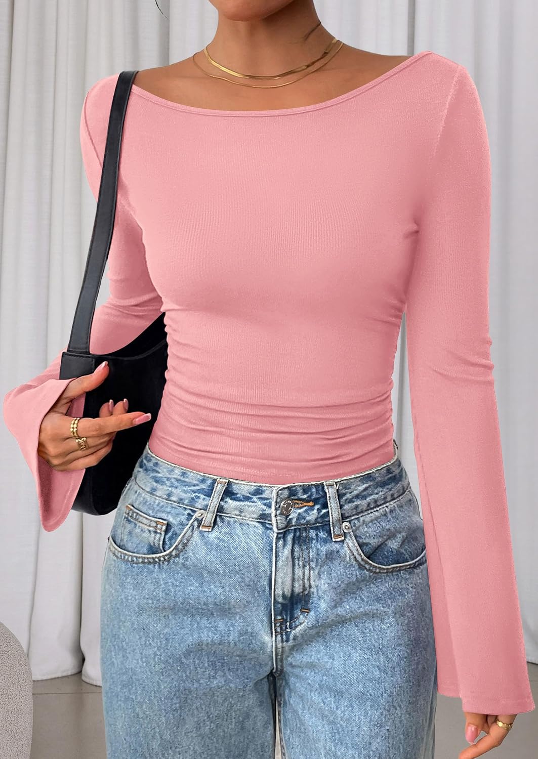 PRETTYGARDEN Womens Bell Long Sleeve Ribbed Knit Tops