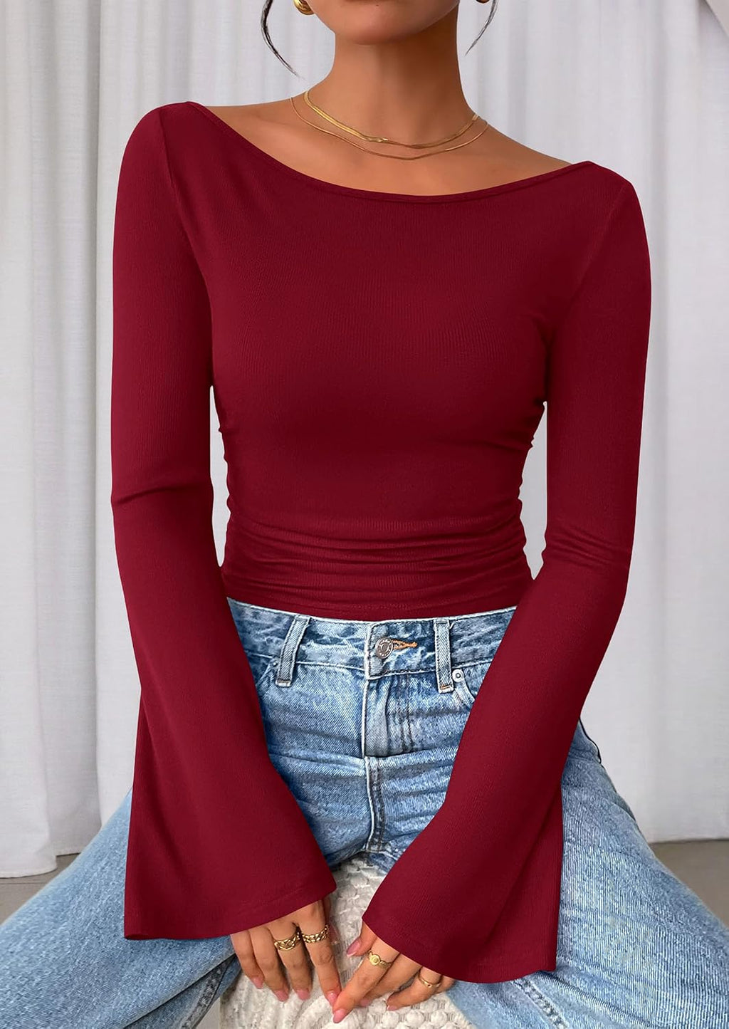 PRETTYGARDEN Womens Bell Long Sleeve Ribbed Knit Tops