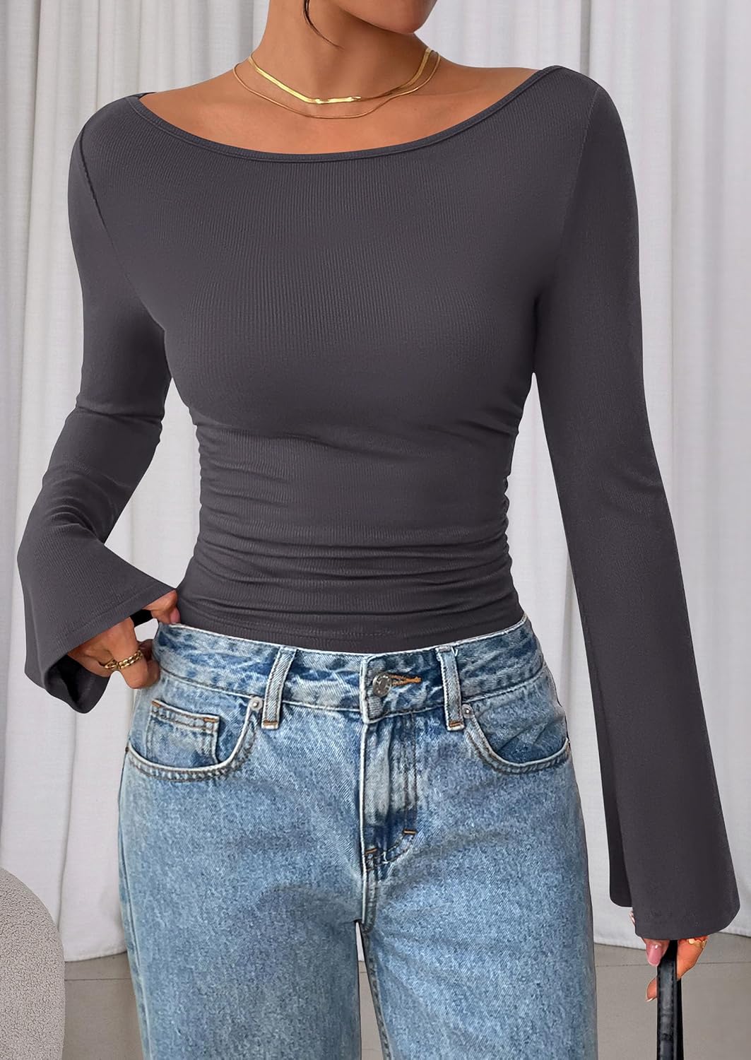 PRETTYGARDEN Womens Bell Long Sleeve Ribbed Knit Tops