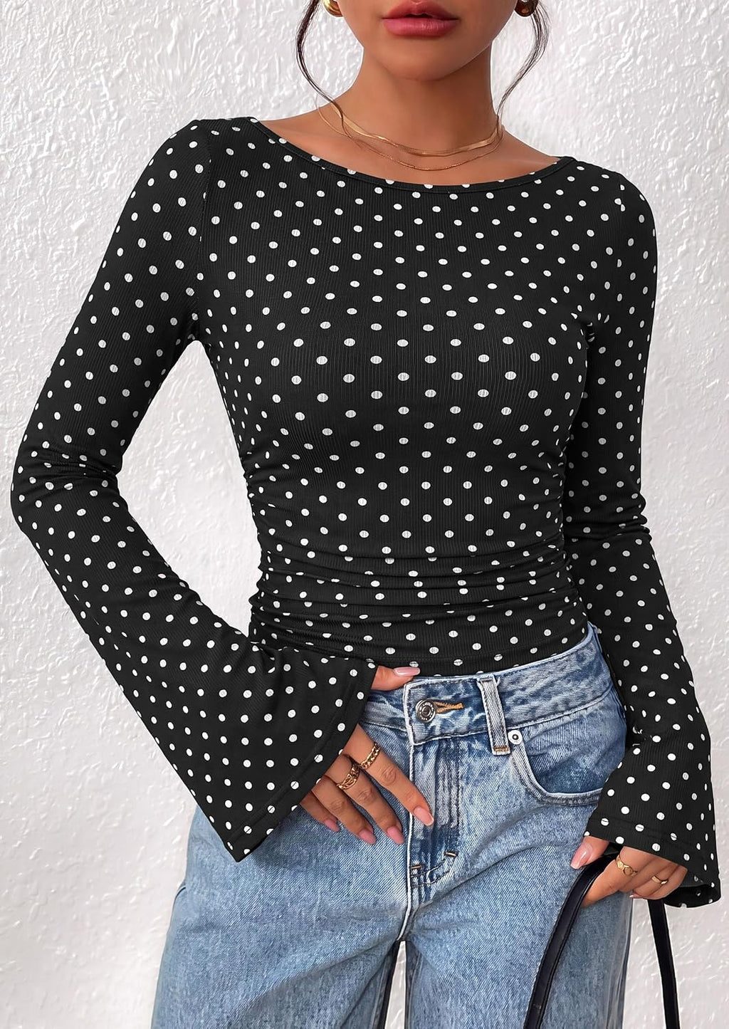 PRETTYGARDEN Womens Bell Long Sleeve Ribbed Knit Tops