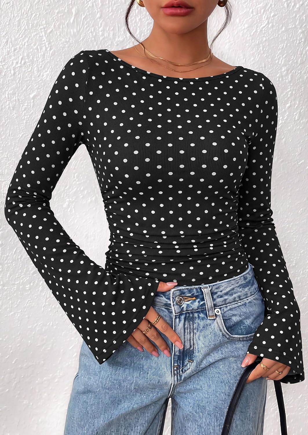 PRETTYGARDEN Womens Bell Long Sleeve Ribbed Knit Tops