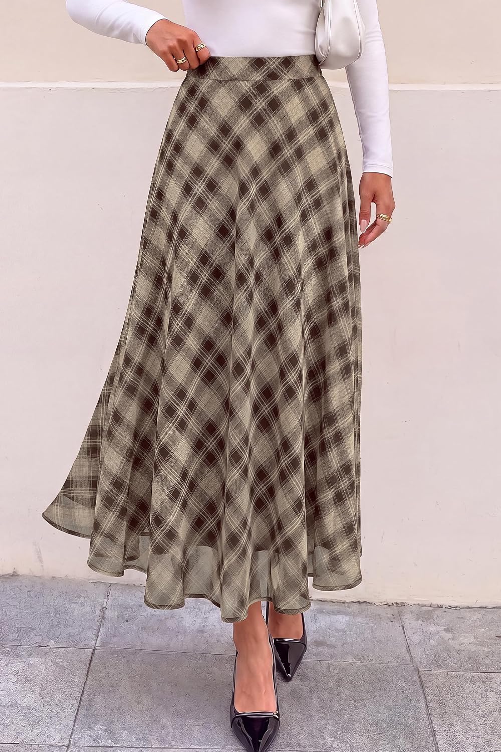 dowerme Casual A-Line Plaid Maxi Skirts for Women Trendy