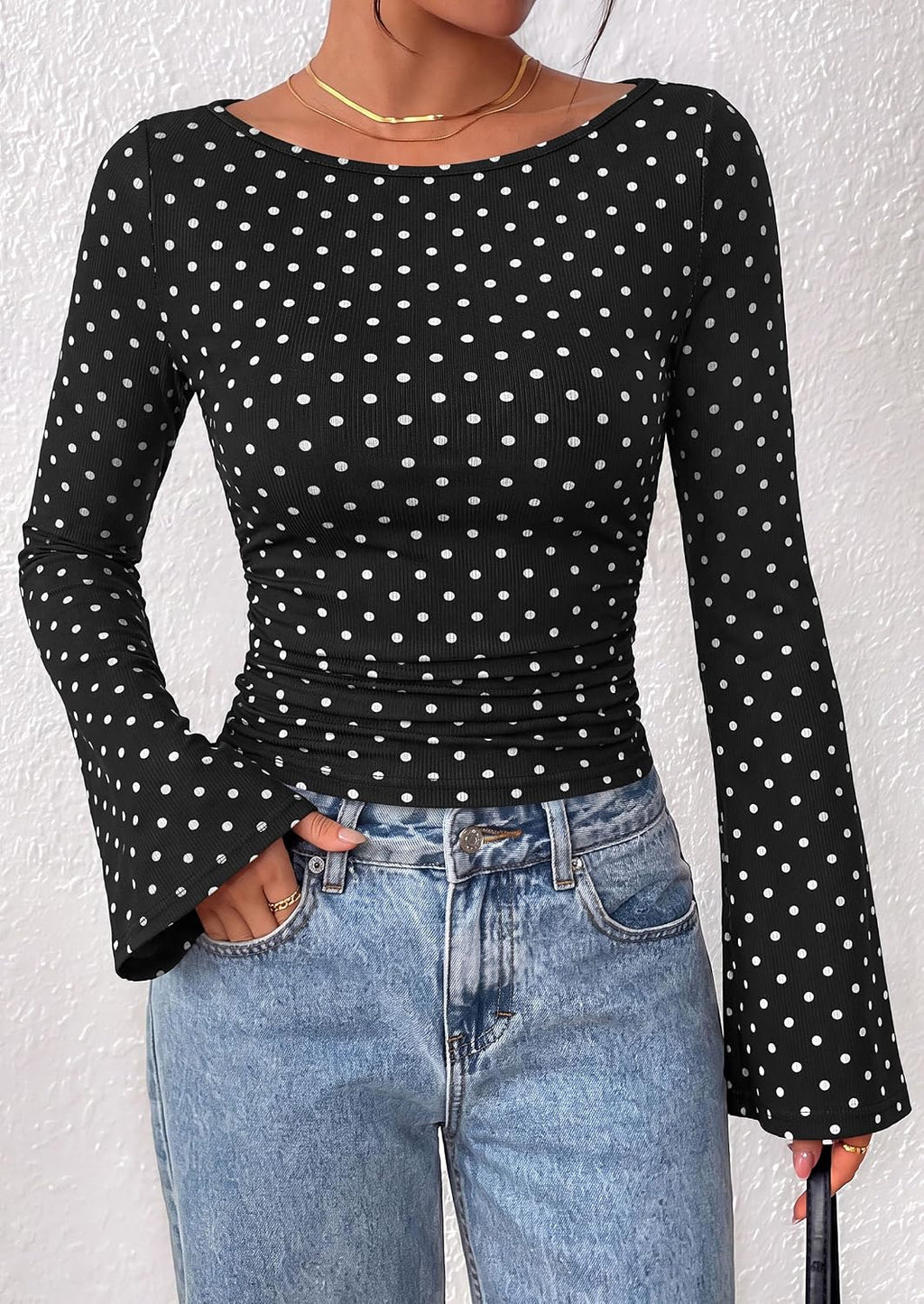 PRETTYGARDEN Womens Bell Long Sleeve Ribbed Knit Tops