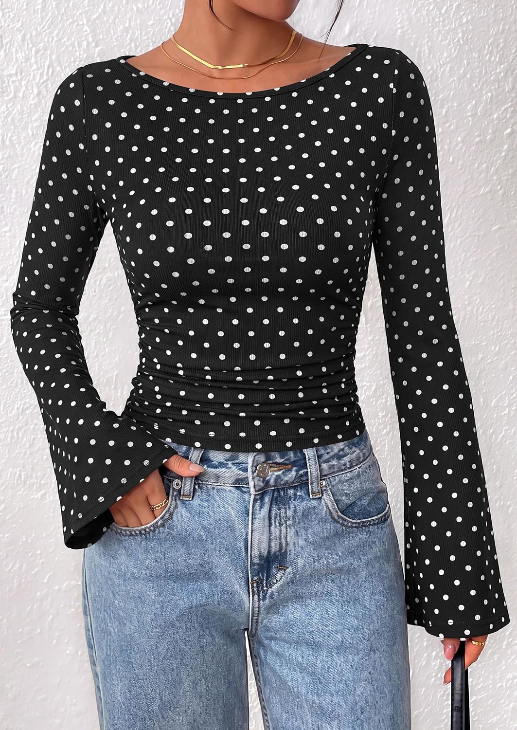 PRETTYGARDEN Womens Bell Long Sleeve Ribbed Knit Tops