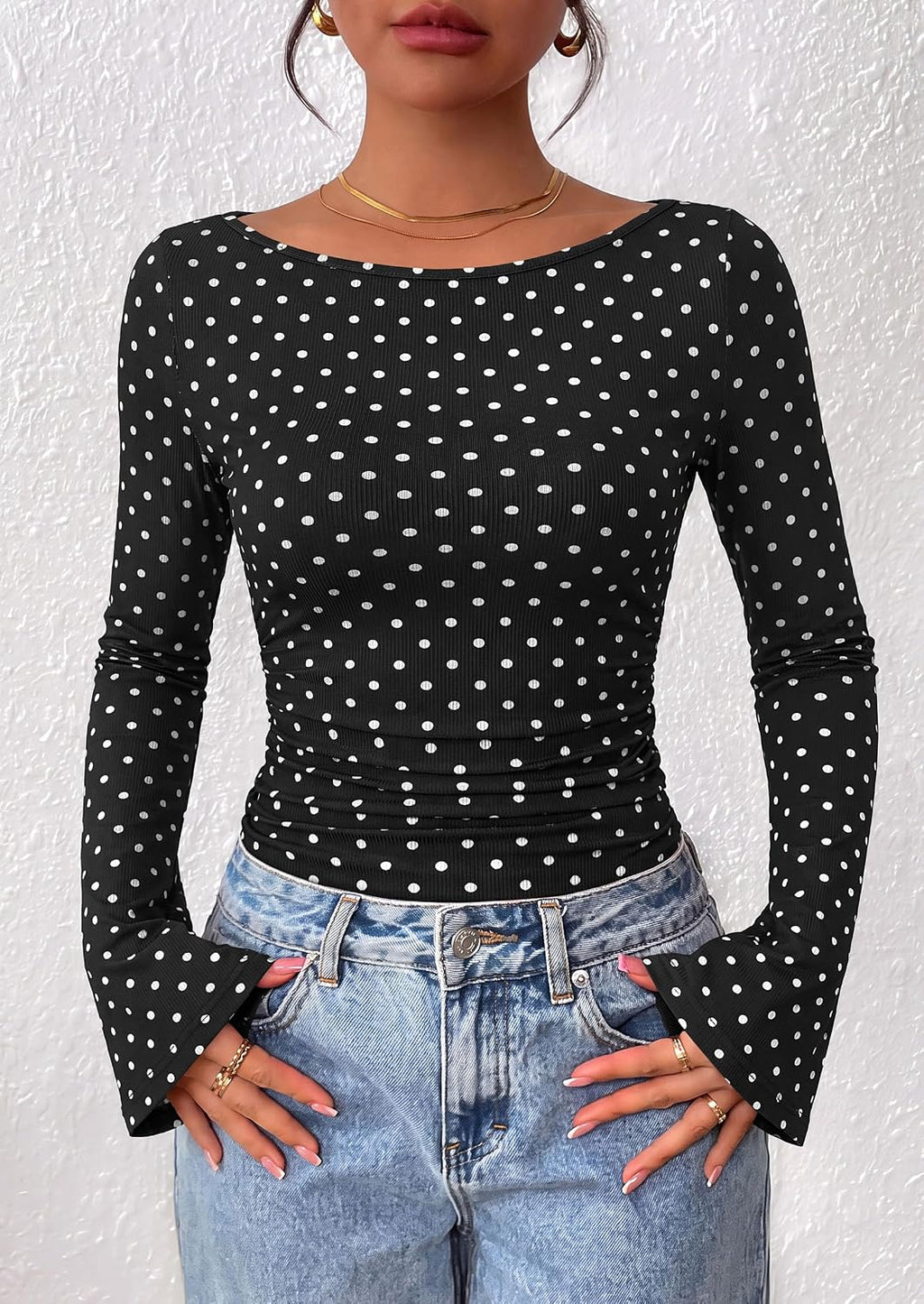 PRETTYGARDEN Womens Bell Long Sleeve Ribbed Knit Tops