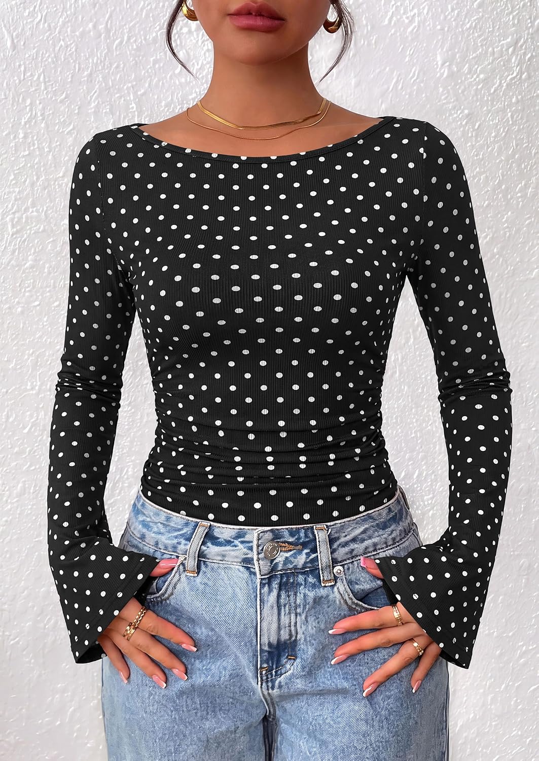 PRETTYGARDEN Womens Bell Long Sleeve Ribbed Knit Tops