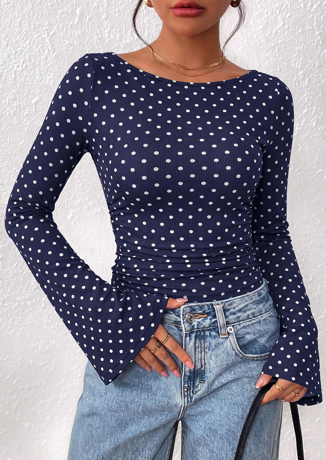 PRETTYGARDEN Womens Bell Long Sleeve Ribbed Knit Tops