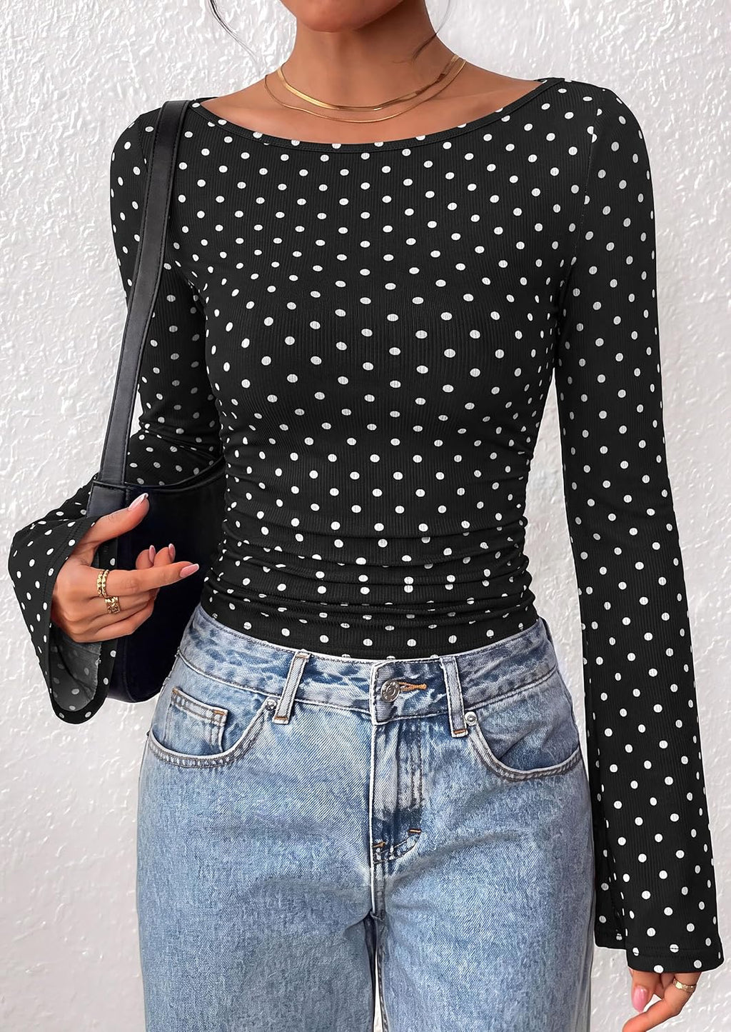PRETTYGARDEN Womens Bell Long Sleeve Ribbed Knit Tops