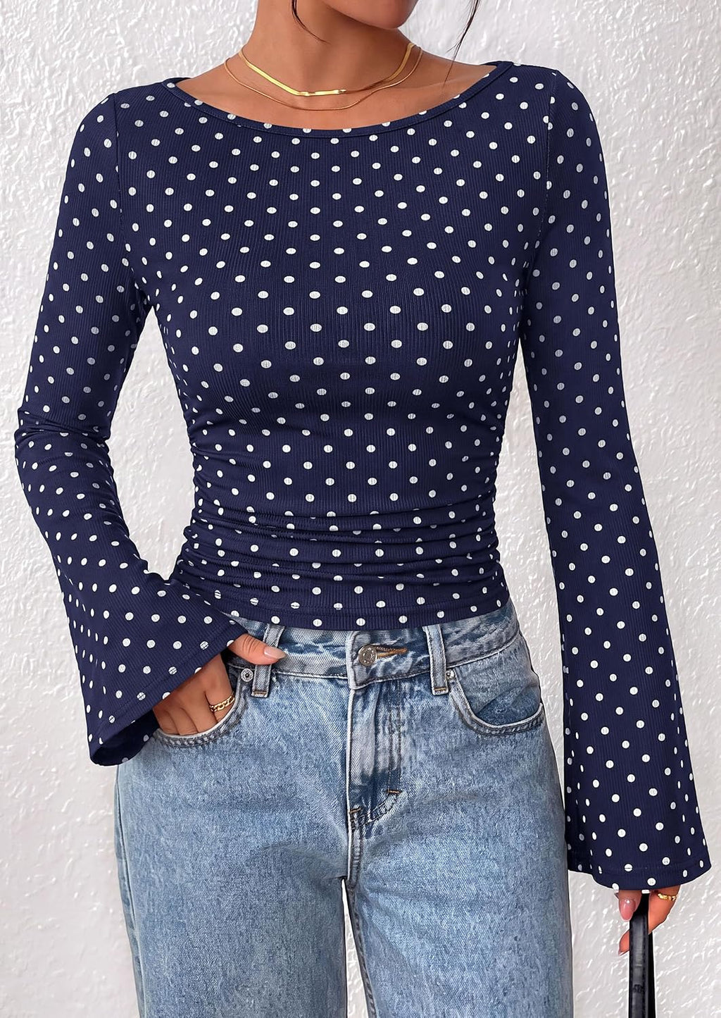 PRETTYGARDEN Womens Bell Long Sleeve Ribbed Knit Tops