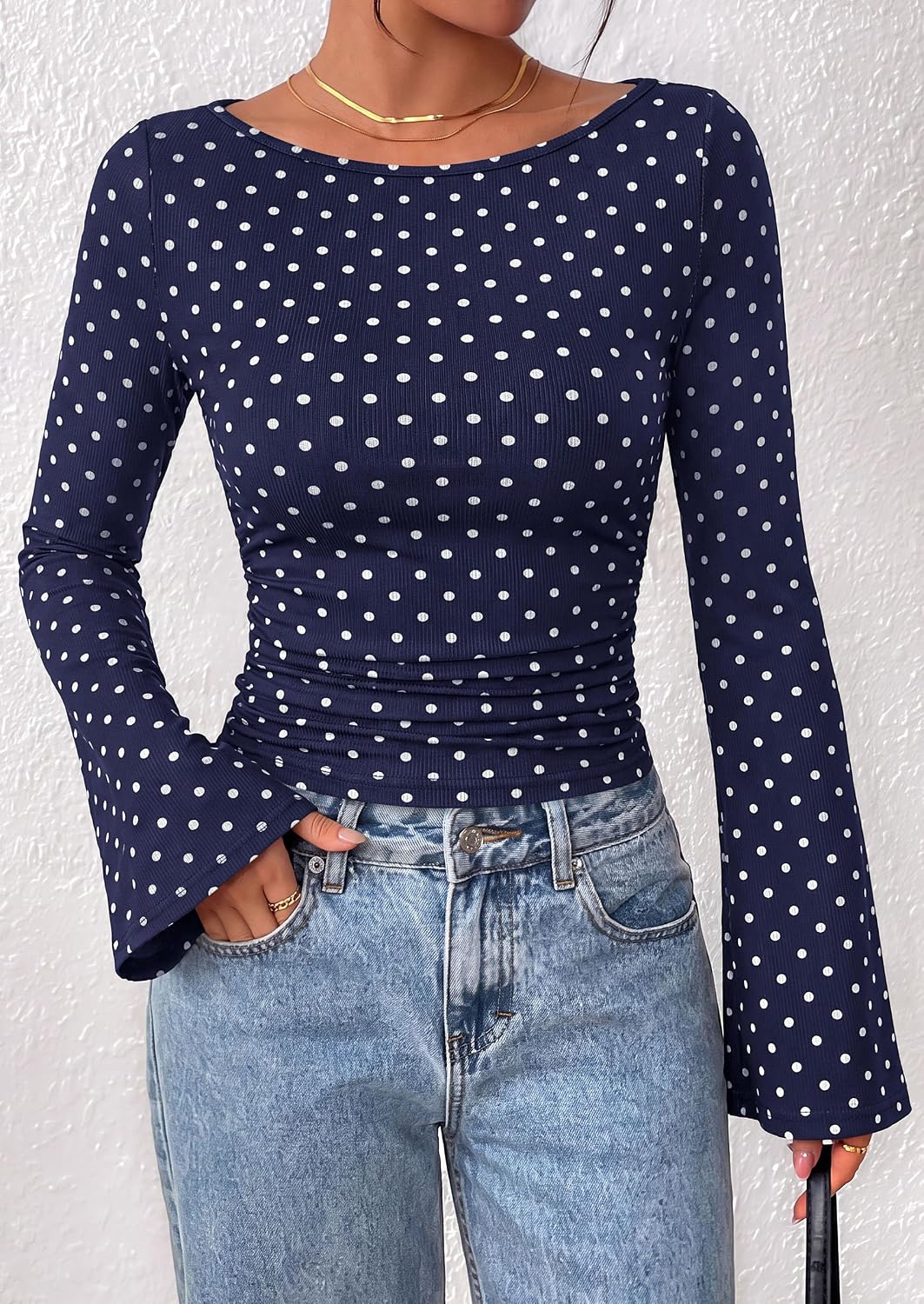 PRETTYGARDEN Womens Bell Long Sleeve Ribbed Knit Tops