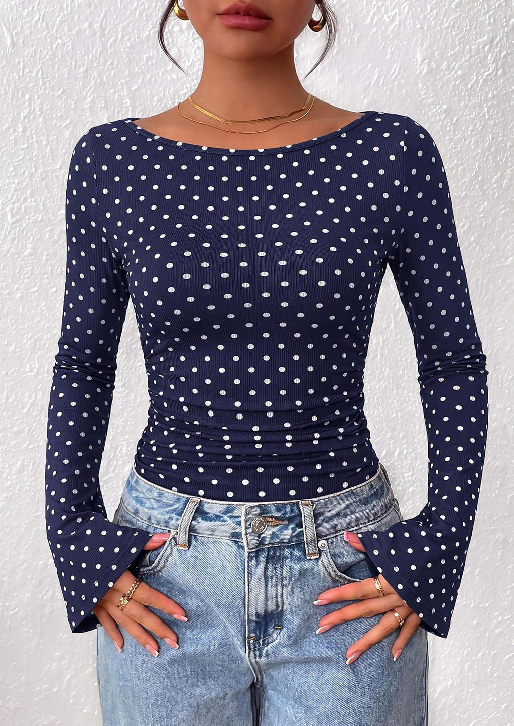 PRETTYGARDEN Womens Bell Long Sleeve Ribbed Knit Tops
