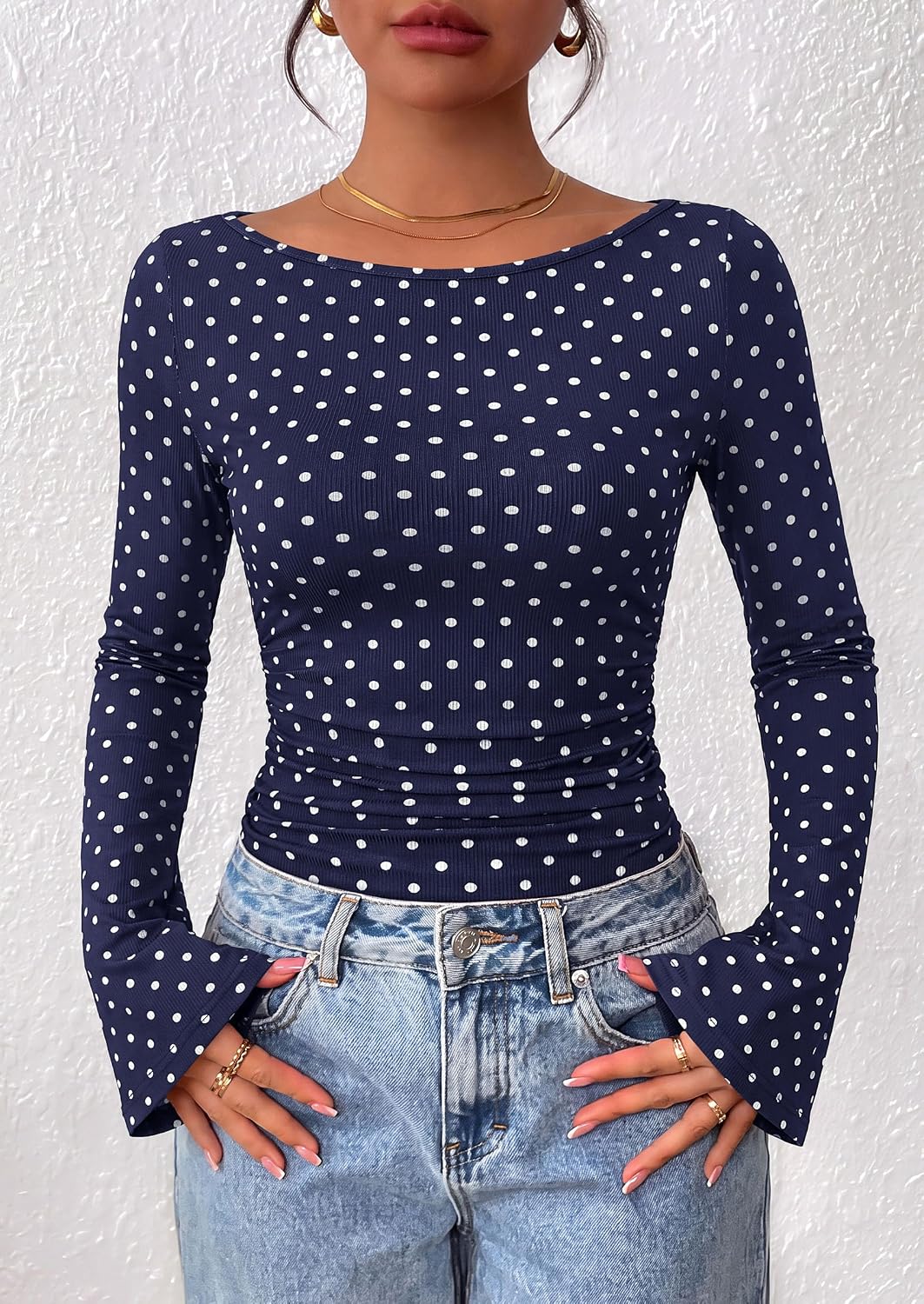 PRETTYGARDEN Womens Bell Long Sleeve Ribbed Knit Tops