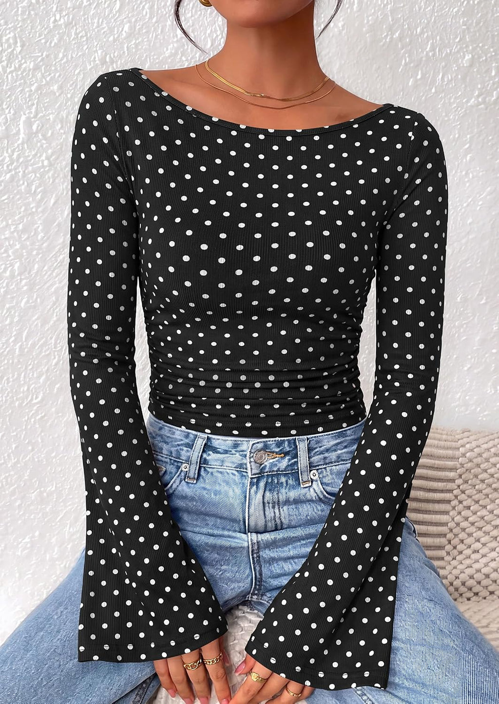 PRETTYGARDEN Womens Bell Long Sleeve Ribbed Knit Tops