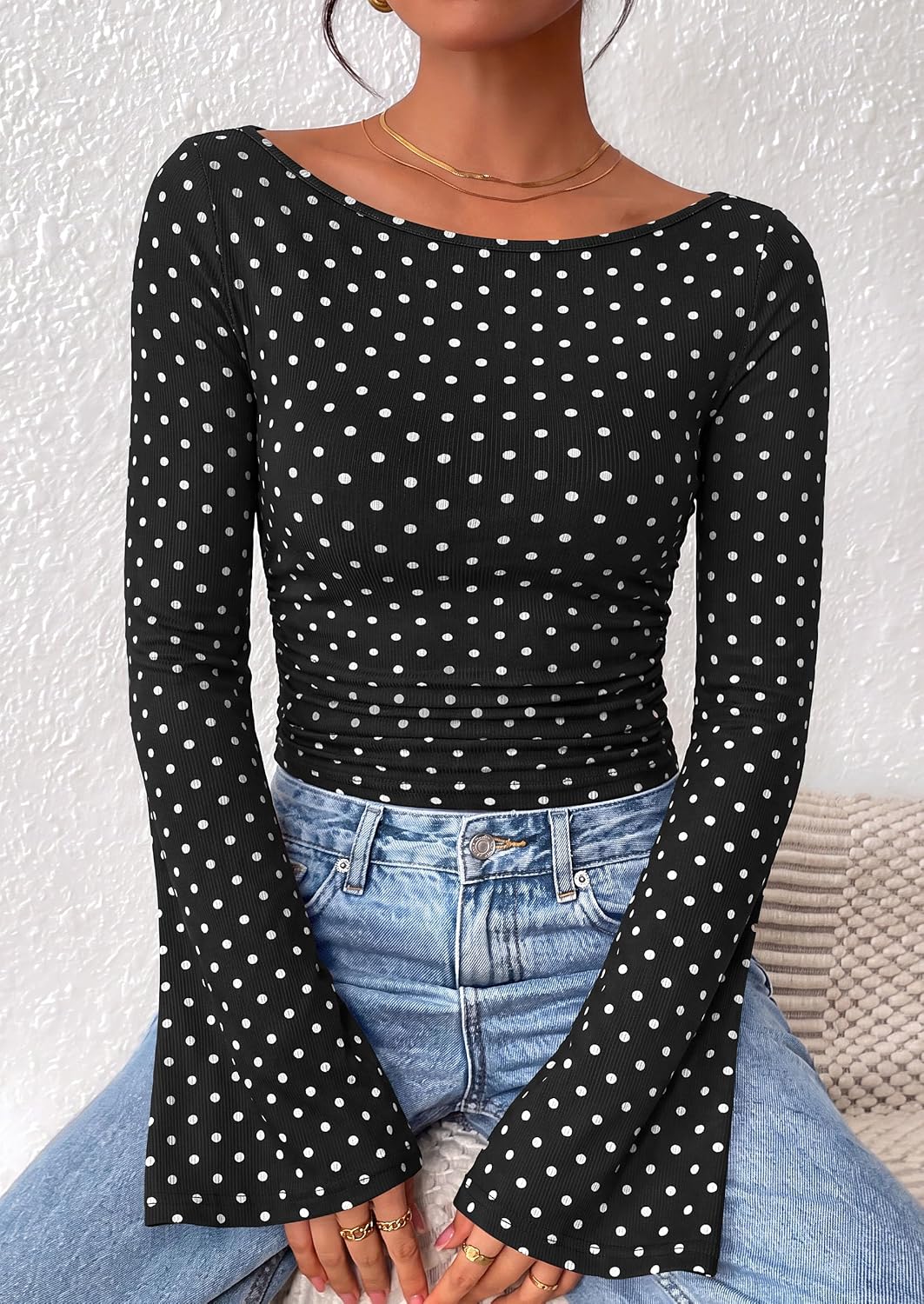 PRETTYGARDEN Womens Bell Long Sleeve Ribbed Knit Tops